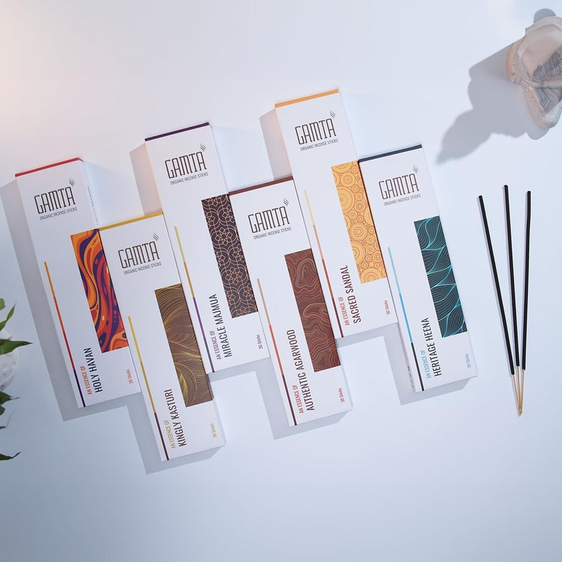 GAMTA Just flow with it Gamta Organic Incense Tranquil Essence Agarbatti for Pooja Pack of 6 Havan Sandal Majmua Agarwood Heena Kasturi180 Incense Stick 24cm Lasts 60 mins Agarbatti Stick Made of Panchagavya - Image 3