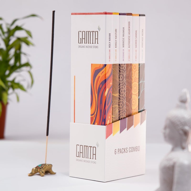 GAMTA Just flow with it Gamta Organic Incense Tranquil Essence Agarbatti for Pooja Pack of 6 Havan Sandal Majmua Agarwood Heena Kasturi180 Incense Stick 24cm Lasts 60 mins Agarbatti Stick Made of Panchagavya - Image 1