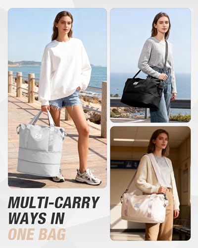 livbote Expandable Travel Duffle Bag for Women Men Large Gym Bag Travel Tote Bags Waterproof Carry On Personal Item Bag Airline Approved Workout Weekender Bag for Overnight Trips with Luggage Sleeve Beige - Image 3