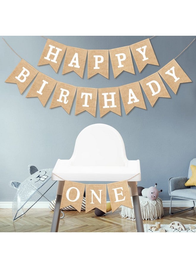 Tudomro 1st Birthday Party Decoration First Birthday Banner Rustic Happy 1st Burlap Banner One High Chair One Sign for Baby Girl Boy First Nursery Supplies, White Alphabet - Image 1