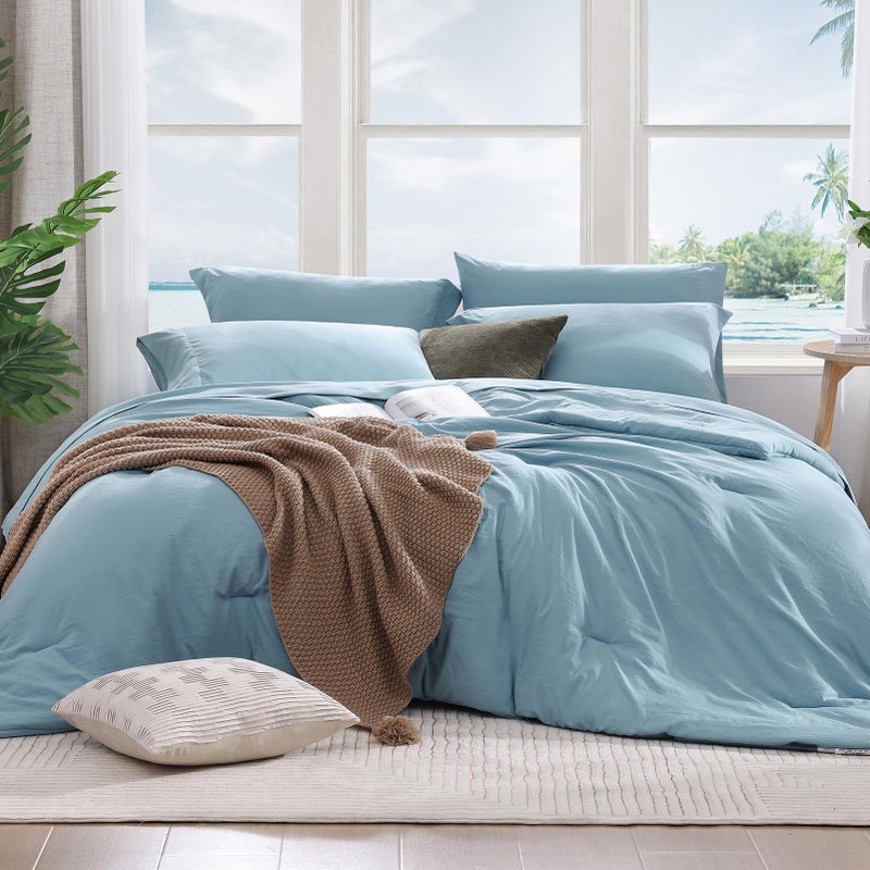 WRENSONGE Queen Comforter Set, 7 Pieces Soft Blue Bed in a Bag Queen with Fitted Sheet, Flat Sheet, 2 Pillow Shams, and 2 Pillowcases- Warm Bedding Sets for All Season - Image 1