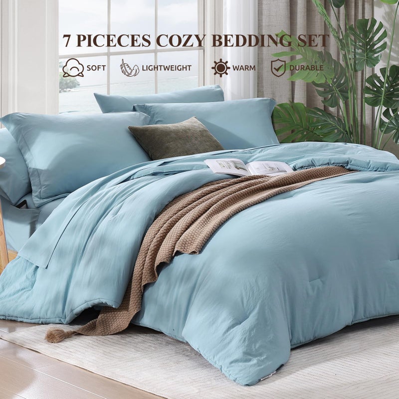 WRENSONGE Queen Comforter Set, 7 Pieces Soft Blue Bed in a Bag Queen with Fitted Sheet, Flat Sheet, 2 Pillow Shams, and 2 Pillowcases- Warm Bedding Sets for All Season - Image 2
