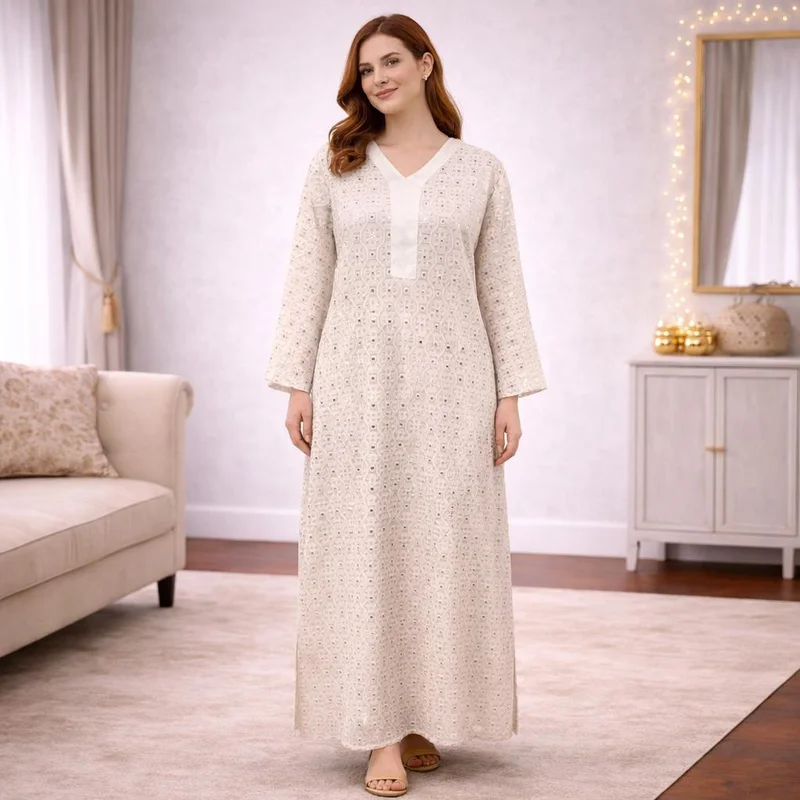 Artemea  Ivory Chikankari Style Jalabiya with Mirror Work | Premium Rayon | Festive Elegant Full-Length Dress with inner lining for Women | Best Price UAE