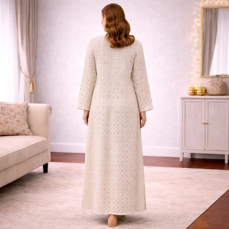Artemea  Ivory Chikankari Style Jalabiya with Mirror Work | Premium Rayon | Festive Elegant Full-Length Dress with inner lining for Women | Best Price UAE