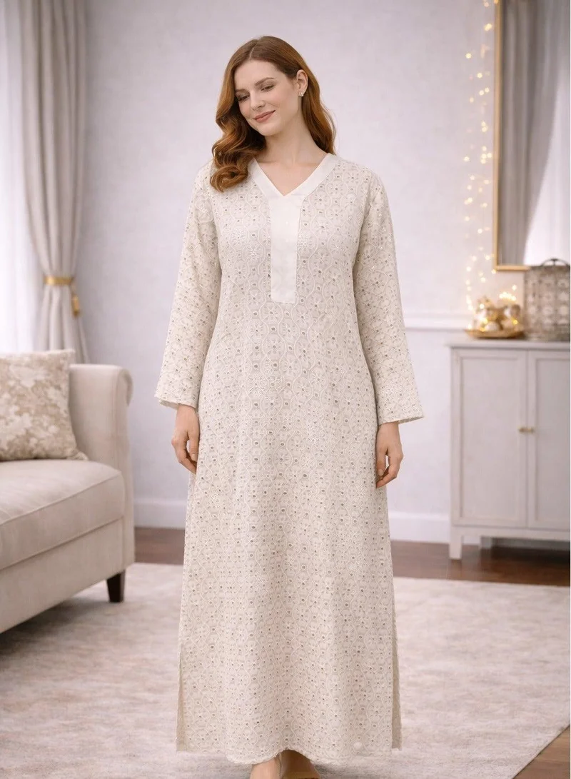 أرتيميا Ivory Chikankari Style Jalabiya with Mirror Work | Premium Rayon | Festive Elegant Full-Length Dress with inner lining
