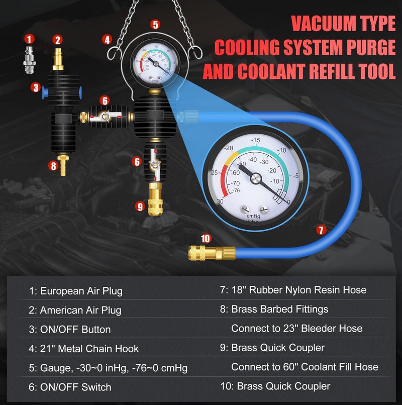 JIFETOR Cooling System Vacuum Purge Radiator Coolant Refill Tool Kit, Universal Automotive Water Tank Pneumatic Vacuum Antifreeze Change Filler Set, with Adapter Case Hose for Car Van SUV Truck - Image 4