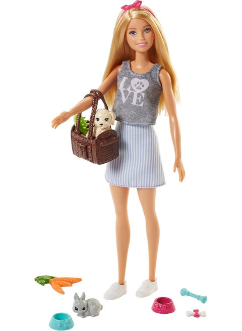 Barbie Pet Lover Doll Set with Puppy, Bunny & 7 Accessories | Feeding & Grooming Playset for Kids