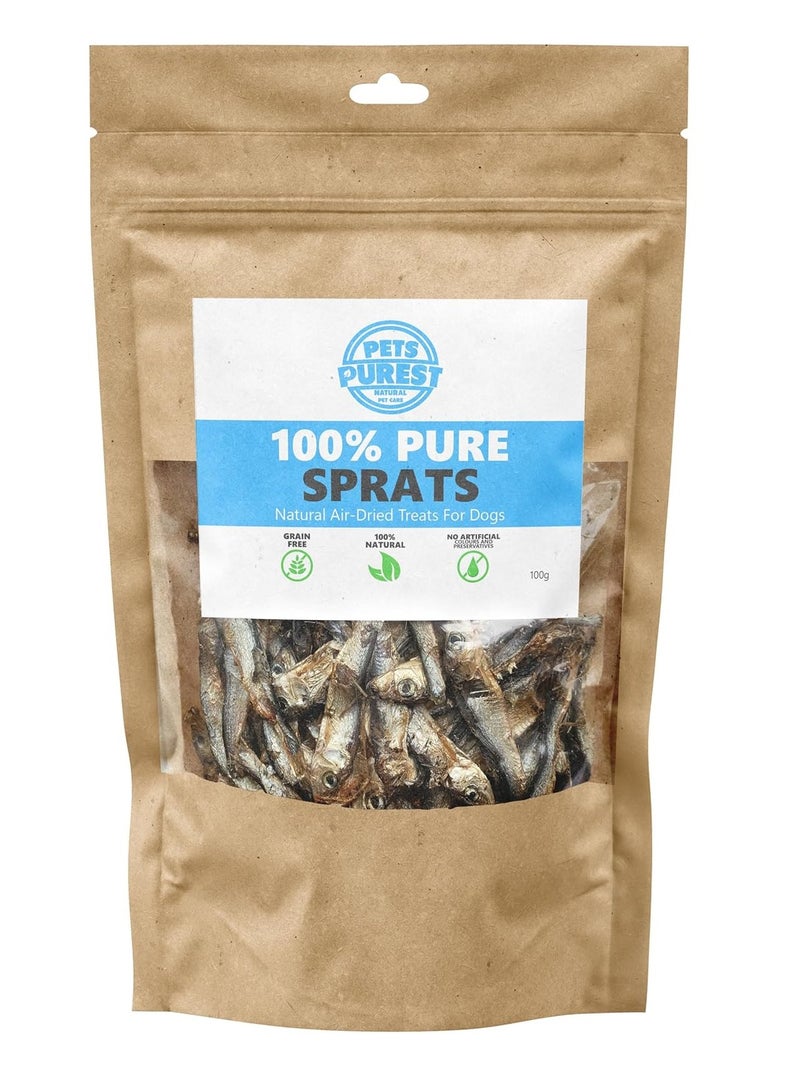 Pets Purest Sprats Dog Treats and Cat Snack 100 and Natural Air Dried Fish Treat for Dogs Puppy Cats Kitten and Senior Pure Healthy Grain Gluten and Lactose Free Hypoallergenic Raw Pet Food 100g - Image 1