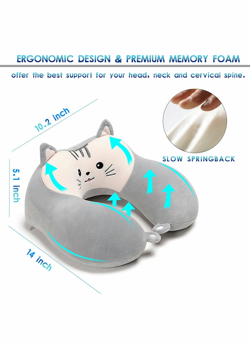 KASTWAVE Travel Pillow for Kids and Adults, Cute Animal Memory Foam Neck Pillow with Soft Fleece Cover and Eye Mask Set, Airplane Pillow Travel Kit with Drawstring Organizer Bag, Machine Washable (Kitten) - Image 3