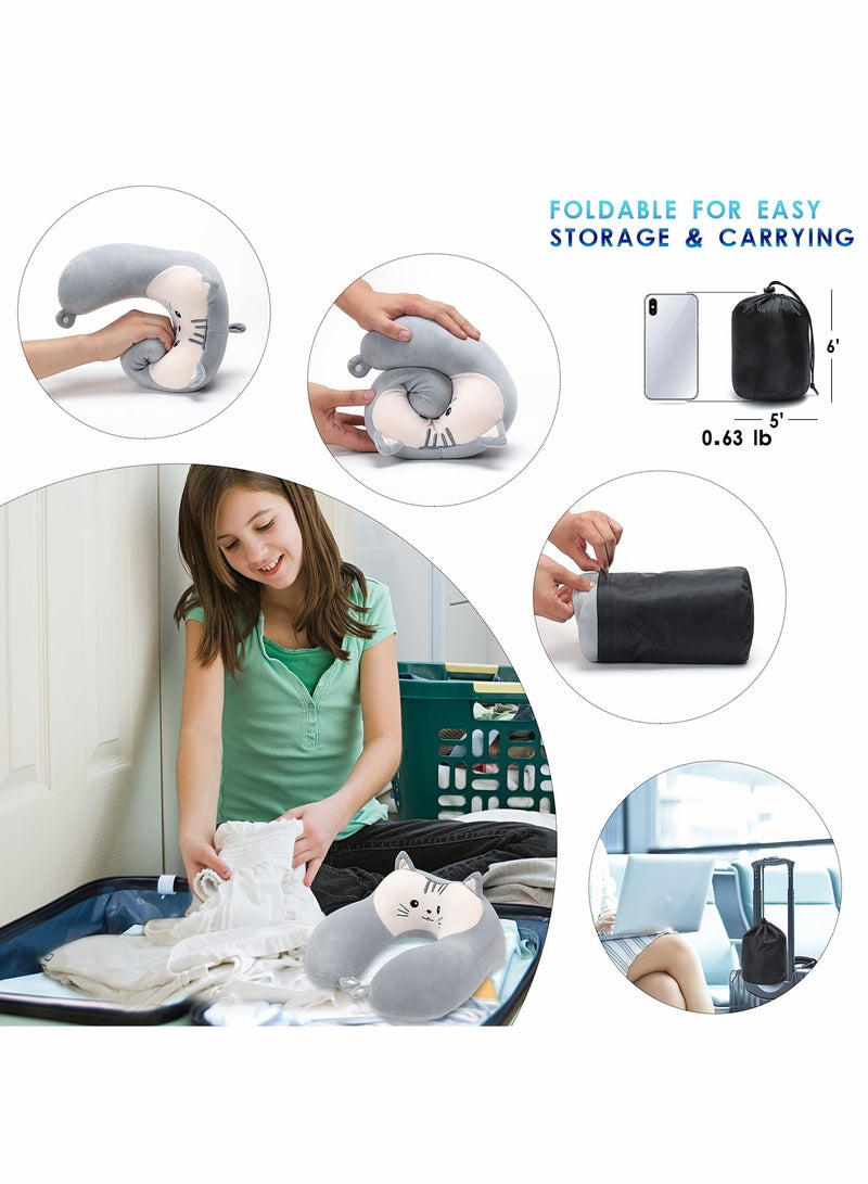 KASTWAVE Travel Pillow for Kids and Adults, Cute Animal Memory Foam Neck Pillow with Soft Fleece Cover and Eye Mask Set, Airplane Pillow Travel Kit with Drawstring Organizer Bag, Machine Washable (Kitten) - Image 5