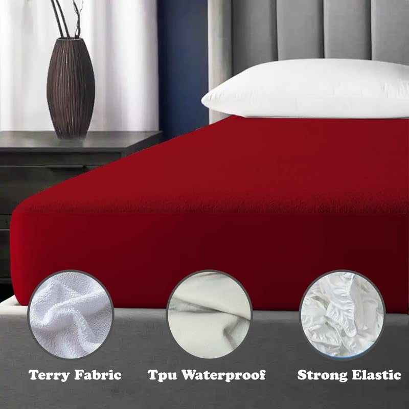 BMRGIFTS Cotton Terry Waterproof Mattress Protector Breathable Hypoallergenic Noiseless and Ultra Soft Fitted Bed Mattress Cover for Baby/Adult (78''×72'' Inch, Mehroon) - Image 2
