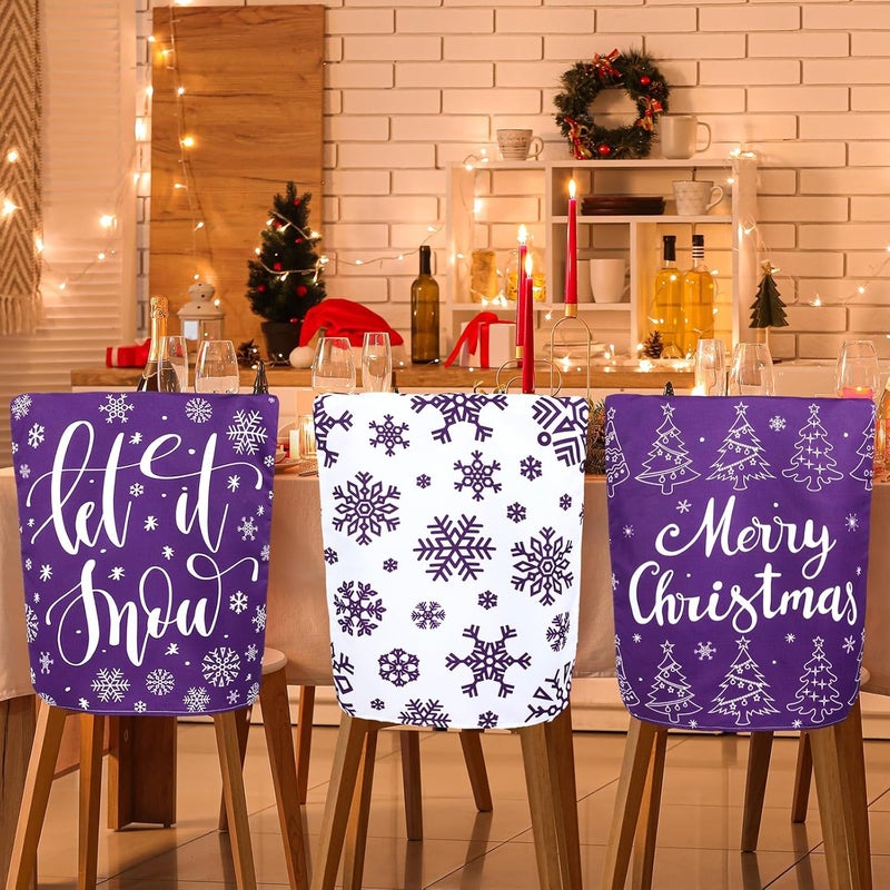 FuWeave 6 Pcs Christmas Chair Covers Purple White Snowflake Chair Back Covers Xmas Chair Protector Slipcovers Washable Winter Dining Room Seat Covers for Home Hotel Kitchen Decorations - Image 5