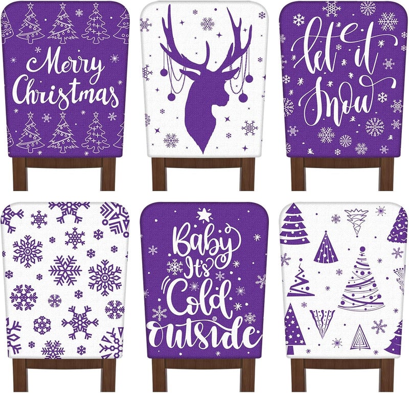 FuWeave 6 Pcs Christmas Chair Covers Purple White Snowflake Chair Back Covers Xmas Chair Protector Slipcovers Washable Winter Dining Room Seat Covers for Home Hotel Kitchen Decorations - Image 1