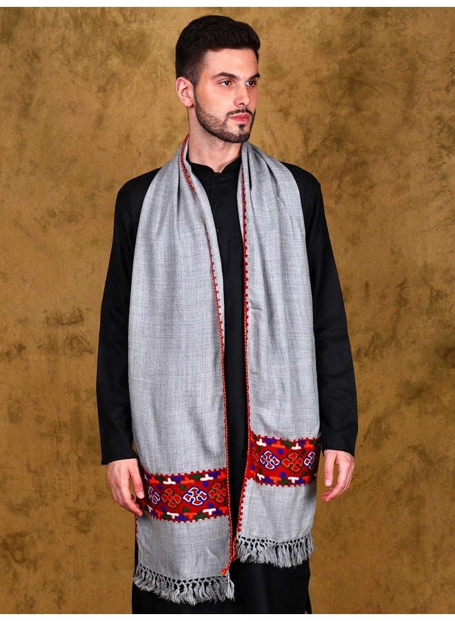 Exotic India Men and Women Warm Long Soft Scarf With Kinnauri Embroidered Border Muffler From Kullu, Grey, Free Size - Image 2