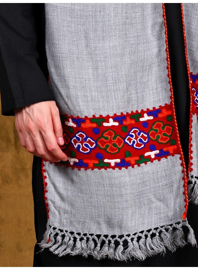 Exotic India Men and Women Warm Long Soft Scarf With Kinnauri Embroidered Border Muffler From Kullu, Grey, Free Size - Image 5