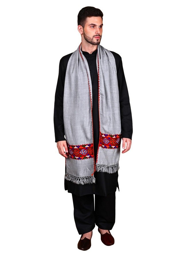 Exotic India Men and Women Warm Long Soft Scarf With Kinnauri Embroidered Border Muffler From Kullu, Grey, Free Size - Image 1