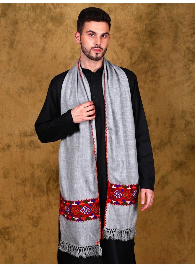 Exotic India Men and Women Warm Long Soft Scarf With Kinnauri Embroidered Border Muffler From Kullu, Grey, Free Size - Image 3