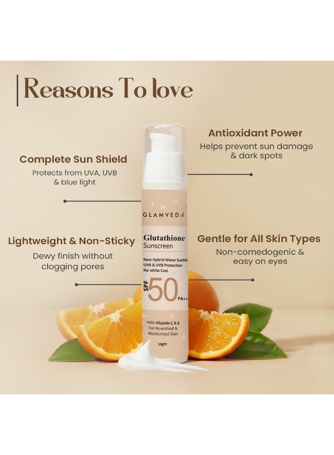 Glamveda Glutathione Sunscreen Vitamin C & E | Broad Spectrum SPF 50 Pa++ | UVA/B & Blue Light Protection |No White Cast, Non Sticky Ultra Lightweight Gel Cream | For Glowing & Sun Protected Skin 50gm - Image 3