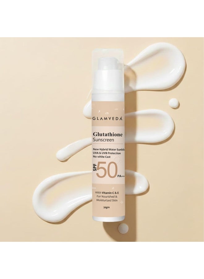 Glamveda Glutathione Sunscreen Vitamin C & E | Broad Spectrum SPF 50 Pa++ | UVA/B & Blue Light Protection |No White Cast, Non Sticky Ultra Lightweight Gel Cream | For Glowing & Sun Protected Skin 50gm - Image 1
