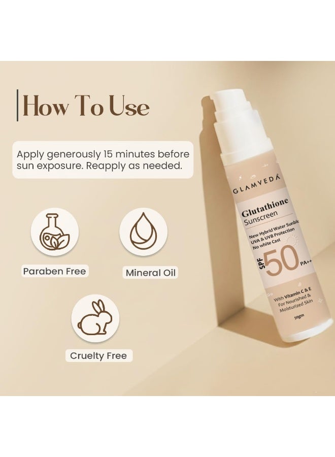 Glamveda Glutathione Sunscreen Vitamin C & E | Broad Spectrum SPF 50 Pa++ | UVA/B & Blue Light Protection |No White Cast, Non Sticky Ultra Lightweight Gel Cream | For Glowing & Sun Protected Skin 50gm - Image 4