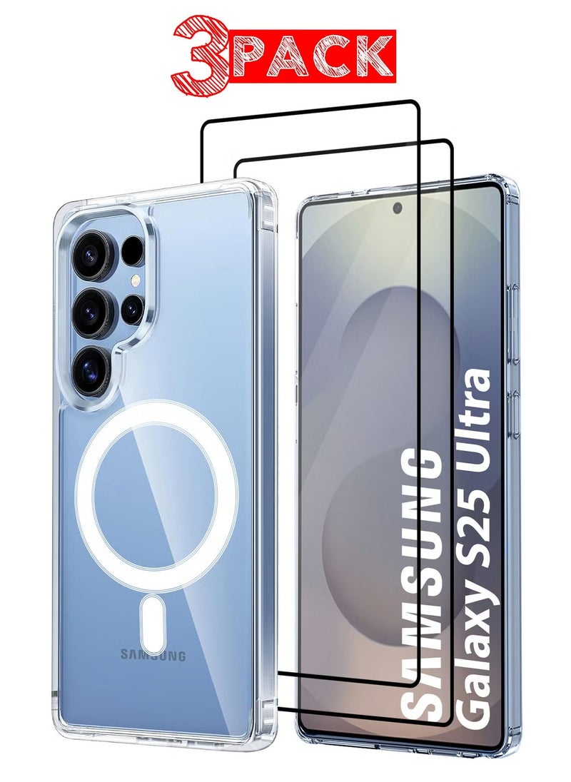 TIGER حافظة حلقة مغناطيسية شفافة 3 عبوات لجهاز سامسونج جالاكسي S25 ألترا - نحيفة للغاية وواقية، تشمل واقيين للشاشة ثلاثي الأبعاد مضاد للصدمات للحماية القصوى - Image 1