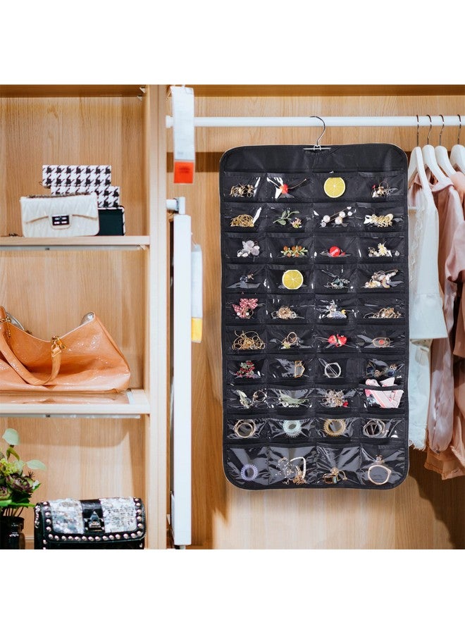 بلوس منظم مجوهرات معلق من Bloss مزود بـ 80 جيبًا وحامل مجوهرات معلق بحجم مزدوج لتخزين الأقراط والمجوهرات - أسود - Image 4