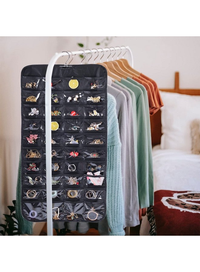 بلوس منظم مجوهرات معلق من Bloss مزود بـ 80 جيبًا وحامل مجوهرات معلق بحجم مزدوج لتخزين الأقراط والمجوهرات - أسود - Image 5