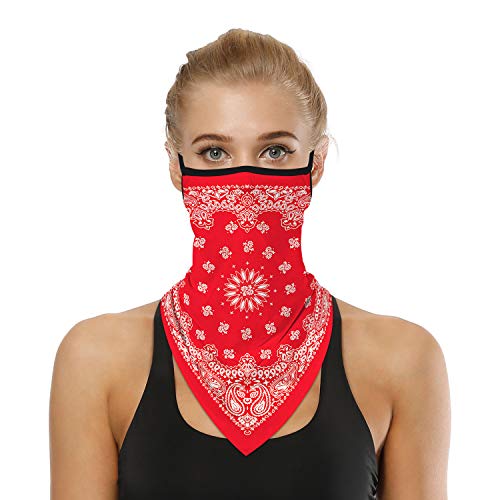 YAYOUREL Red Boho Floral Bandana Neck Gaiter Face Mask Covering Bandanas for Men Women Summer UV Cooling Face Scarf Mask Cover Ear Loop Hole Triangle Facemask Headbands for Fishing Running Cycling - Image 1