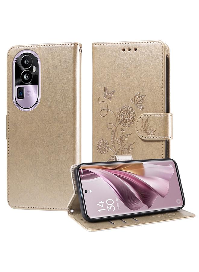 اس-توب جراب هاتف OPPO Reno10 Pro+ العالمي المصنوع من الجلد المنقوش بزهور الفراشة - Image 1
