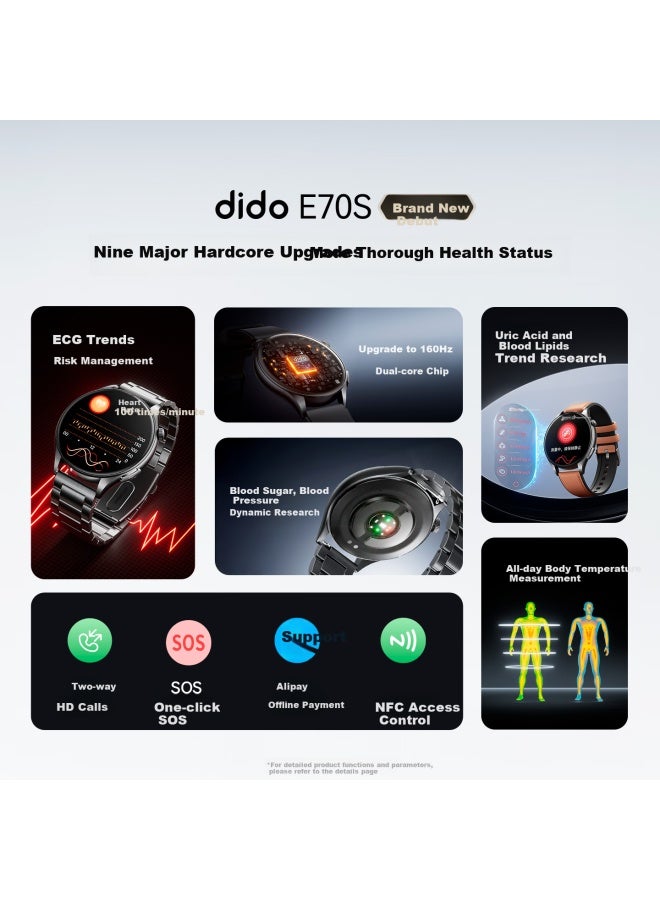 Dido E70spro Leather Brown Blood Pressure Watch, Blood Sugar And Uric Acid Health Research, One-on Sos Emergency Call, Emotional Heart Rate And Blood Oxygen Monitoring, Health Management Assistant, Bluetooth Calling For Men And Wome - Image 1