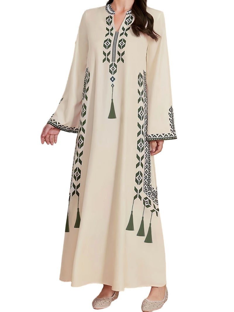 Plus Size, Spring/Summer Middle Eastern Plus Size Traditional Printed Long Sleeve Abaya Gown, Elegant Women's Dress, Slim Fit Flattering, for Daily Outings, Dates, Commuting, Parties,... - Image 4