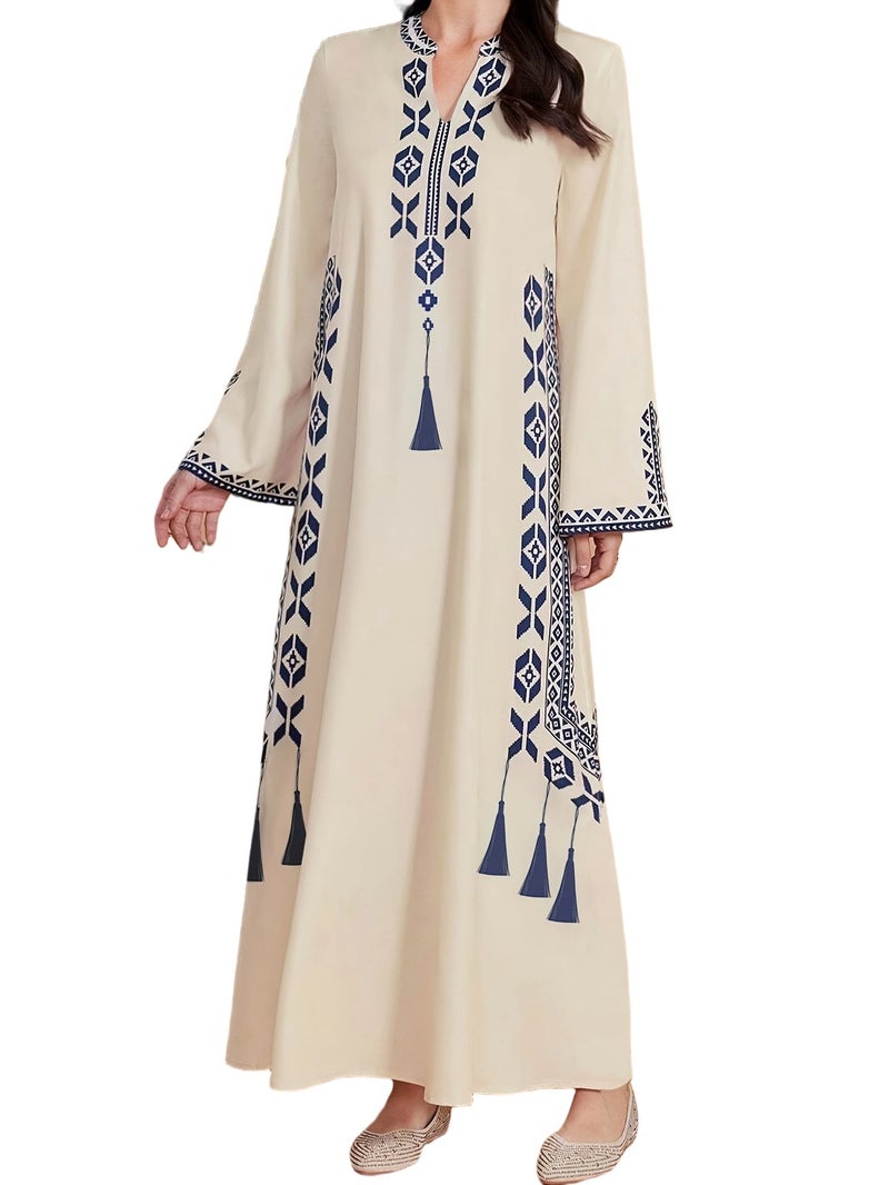 Plus Size, Spring/Summer Middle Eastern Plus Size Traditional Printed Long Sleeve Abaya Gown, Elegant Women's Dress, Slim Fit Flattering, for Daily Outings, Dates, Commuting, Parties,... - Image 1