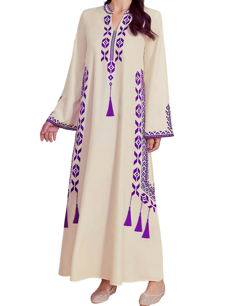 Plus Size, Spring/Summer Middle Eastern Plus Size Traditional Printed Long Sleeve Abaya Gown, Elegant Women's Dress, Slim Fit Flattering, for Daily Outings, Dates, Commuting, Parties,... - Image 5