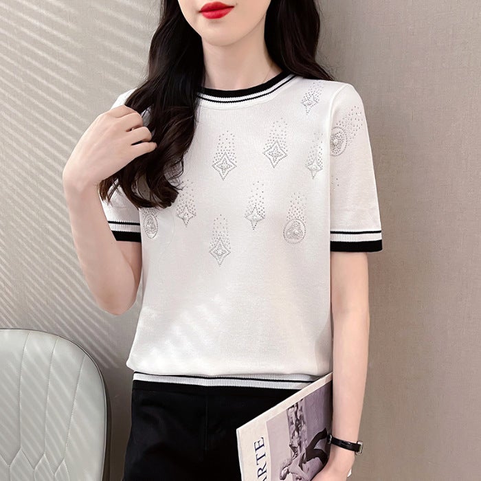 Ice Silk T-Shirt Women'S Short-Sleeved Ins Trendy Spring And Base Jacket Color-Matching Rhinestone Ice Silk Knitted Sweater For Women - Image 1