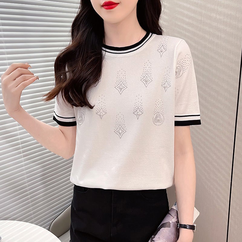 Ice Silk T-Shirt Women'S Short-Sleeved Ins Trendy Spring And Base Jacket Color-Matching Rhinestone Ice Silk Knitted Sweater For Women - Image 2