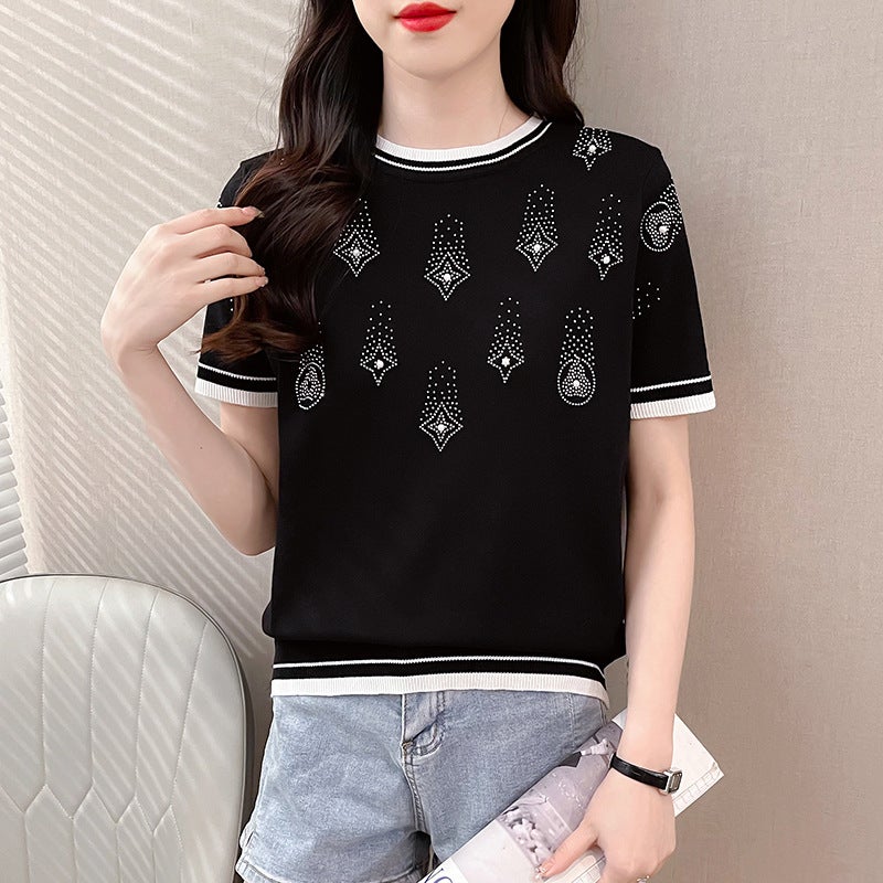 Ice Silk T-Shirt Women'S Short-Sleeved Ins Trendy Spring And Base Jacket Color-Matching Rhinestone Ice Silk Knitted Sweater For Women - Image 3
