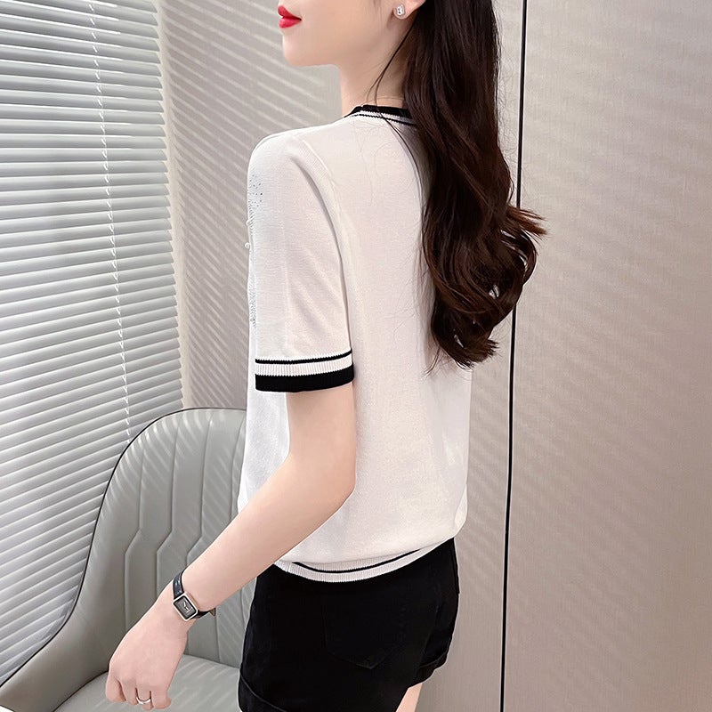 Ice Silk T-Shirt Women'S Short-Sleeved Ins Trendy Spring And Base Jacket Color-Matching Rhinestone Ice Silk Knitted Sweater For Women - Image 5