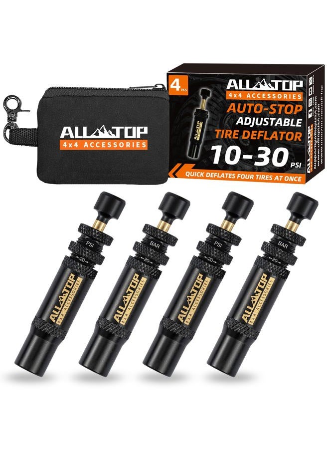 ALL-TOP مجموعة صمامات تفريغ الإطارات القابلة للتعديل (10-30 PSI) 4 قطع أداة تفريغ الهواء للإطارات للطرق الوعرة 4x4 (مع 5 أغطية صمامات) - Image 1
