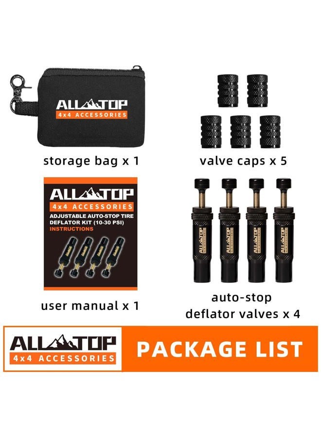 ALL-TOP مجموعة صمامات تفريغ الإطارات القابلة للتعديل (10-30 PSI) 4 قطع أداة تفريغ الهواء للإطارات للطرق الوعرة 4x4 (مع 5 أغطية صمامات) - Image 3