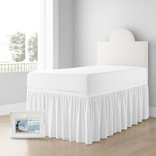 Shreem Linen Dorm Bed Skirt Twin XL 32 Inch Drop, 100% Microfiber Extra Long College Dust Ruffle Bedskirt, White - Image 1