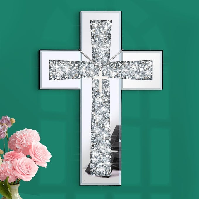 CROSS WALL DECOR SILVER MIRRORED CROSS FOR LIVING ROOM CRYSTAL CRUSH DIAMOND MIRROR CROSSES RELIGIOUS WALL ART HOME DECOR