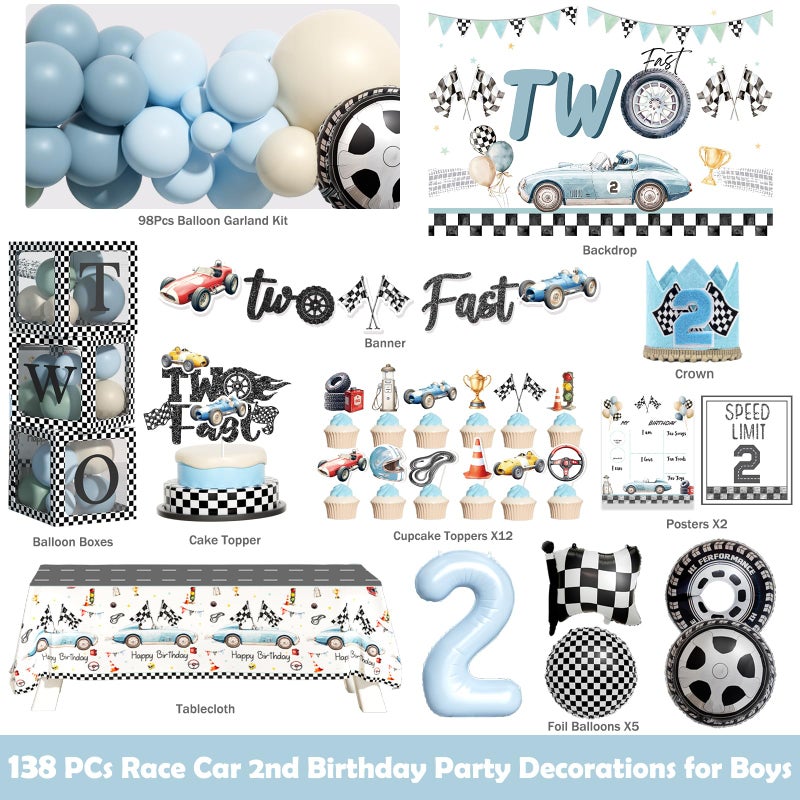 Fiesec Two Fast Birthday Decorations for Boys â€“ 138 PCs Race Car 2nd Birthday Party Supplies with Backdrop Banner Balloon Garland Tablecloth Boxes Cake Topper Cupcake Toppers Poster Crown - Image 2