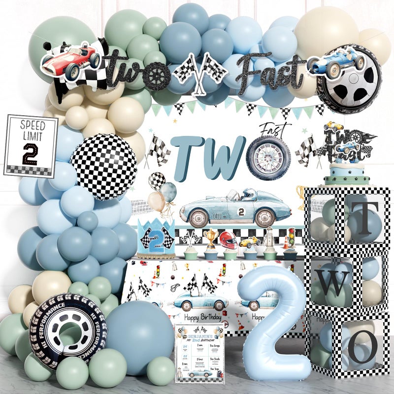 Fiesec Two Fast Birthday Decorations for Boys â€“ 138 PCs Race Car 2nd Birthday Party Supplies with Backdrop Banner Balloon Garland Tablecloth Boxes Cake Topper Cupcake Toppers Poster Crown - Image 1