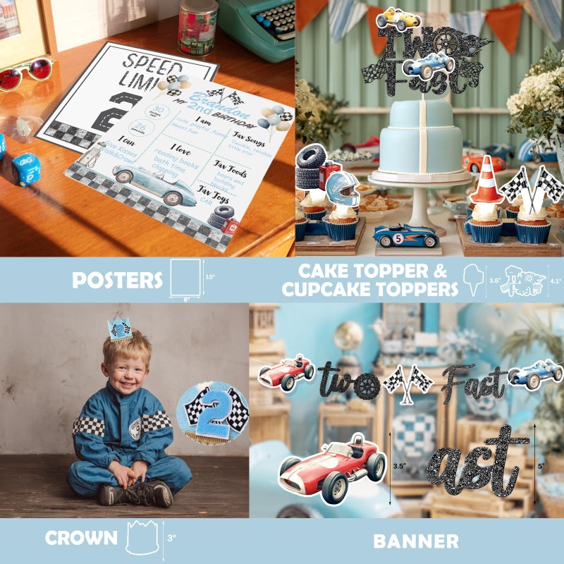 Fiesec Two Fast Birthday Decorations for Boys â€“ 138 PCs Race Car 2nd Birthday Party Supplies with Backdrop Banner Balloon Garland Tablecloth Boxes Cake Topper Cupcake Toppers Poster Crown - Image 4