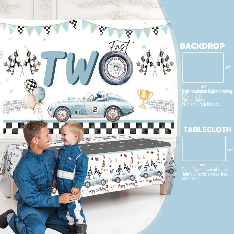 Fiesec Two Fast Birthday Decorations for Boys â€“ 138 PCs Race Car 2nd Birthday Party Supplies with Backdrop Banner Balloon Garland Tablecloth Boxes Cake Topper Cupcake Toppers Poster Crown - Image 5