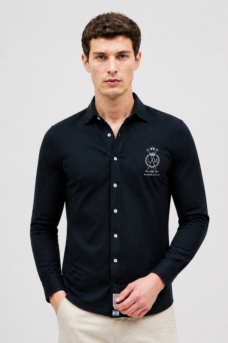 La Martina Men Regular Fit Embroidered Logo Long Sleeve Casual Shirt, Navy Blue - Image 1