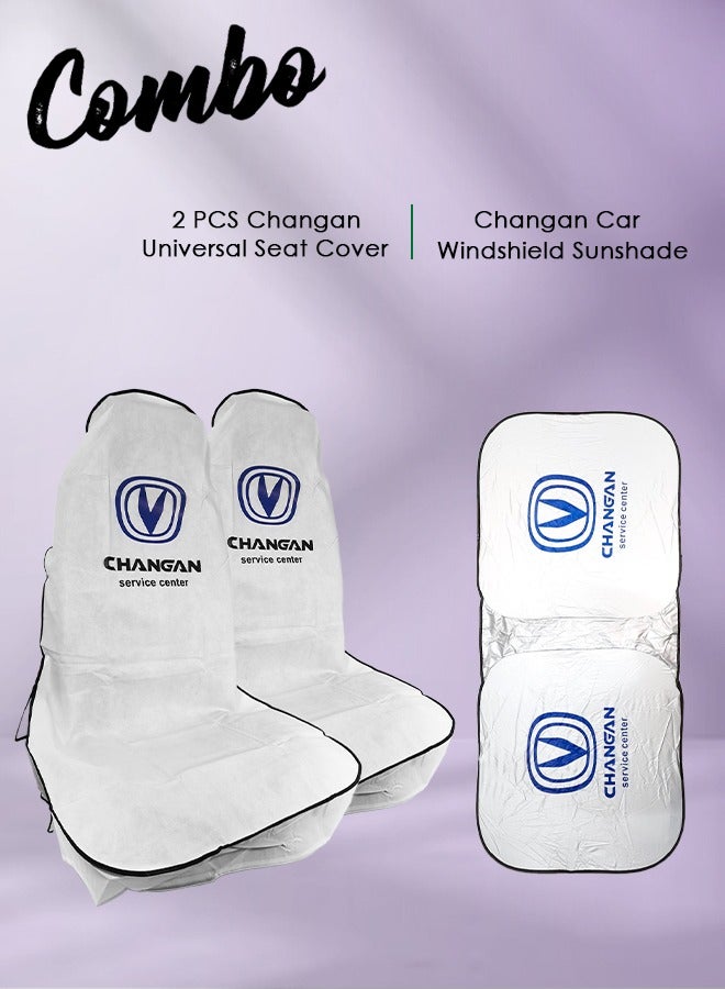 تشانجان عرض كومبو - شراء طقم غطاء حماية من الغبار والأوساخ لمقعد السيارة مكون من قطعتين، مظلة شمسية للزجاج الأمامي للسيارة باللون الأبيض، ومظلة لأشعة الشمس فوق البنفسجية للسيارة وواقي للحرارة - Image 1