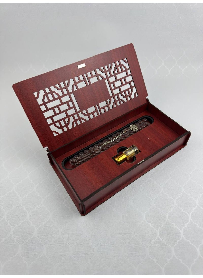Samrix Amjad Box by Samrix  A luxurious wooden box with a prayer beads (tasbih) and a quarter tola of oud oil.  ✔ Luxurious Amjad Box with an elegant wooden design  ✔ Contains a high-quality prayer beads (tasbih)  ✔ Includes a quarter tola of premium oud oil  ✔ Suitable for luxury gifts and giveaways - Image 1