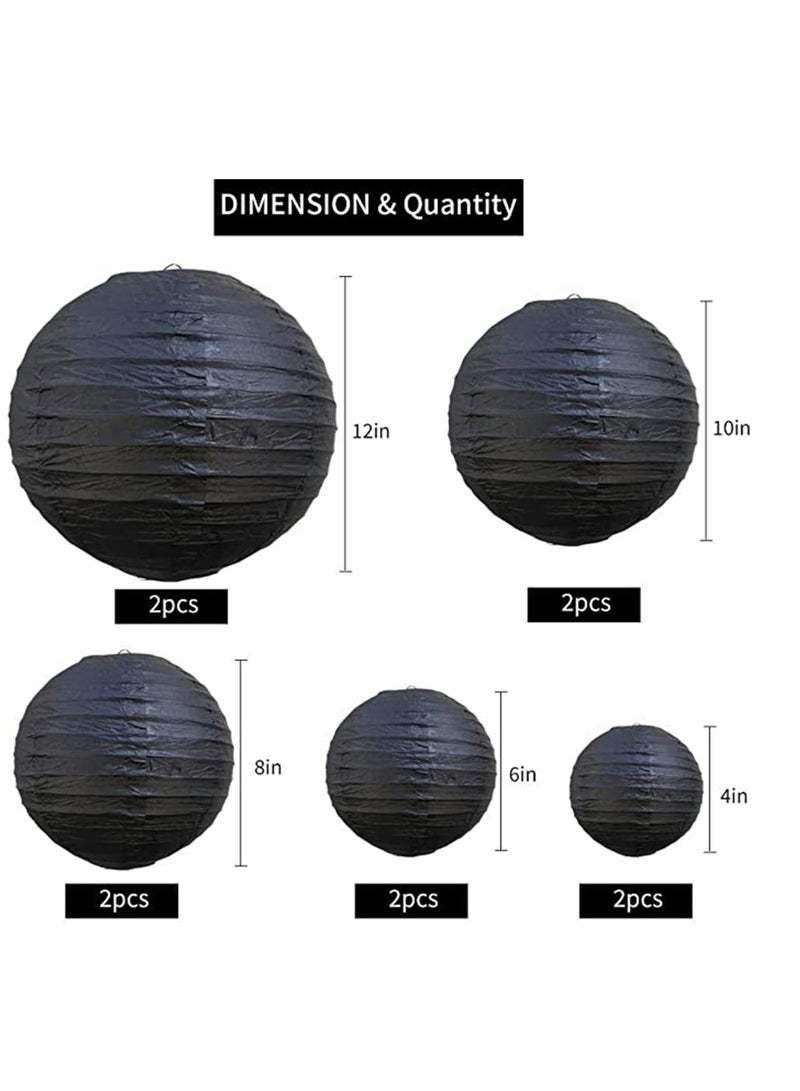 KASTWAVE 10Pcs Black Paper Lanterns Decorative Chinese/Japanese Hanging Round Foldable Lantern for Birthday Wedding  Bridal Shower Home Decor Party (Size of 4” 6” 8” 10”) - Image 2