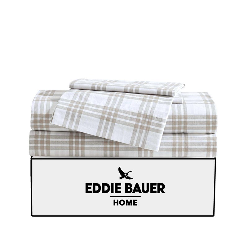Eddie Bauer Eddie Bauer - King Sheet Set  Cotton Percale Bedding Set  Super Soft and Bedding Set  Oeko-Tex Certified (Basic Plaid Beige  King)  - Image 3